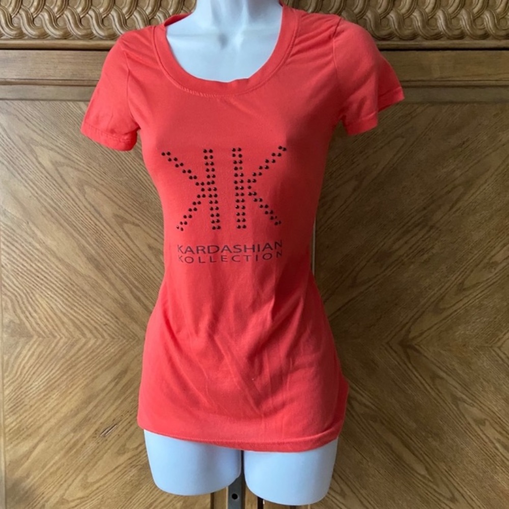 Kardashian Kollection orange black embellished short sleeve Tee